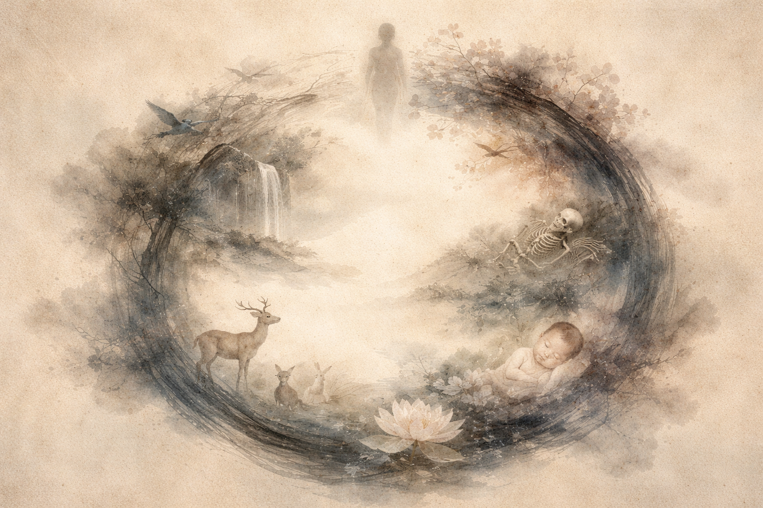A symbolic watercolor circle depicting stages of life—birth, death, nature, and spiritual ascent—surrounding a luminous empty center, illustrating the relationship between karma and free will in Buddhism.