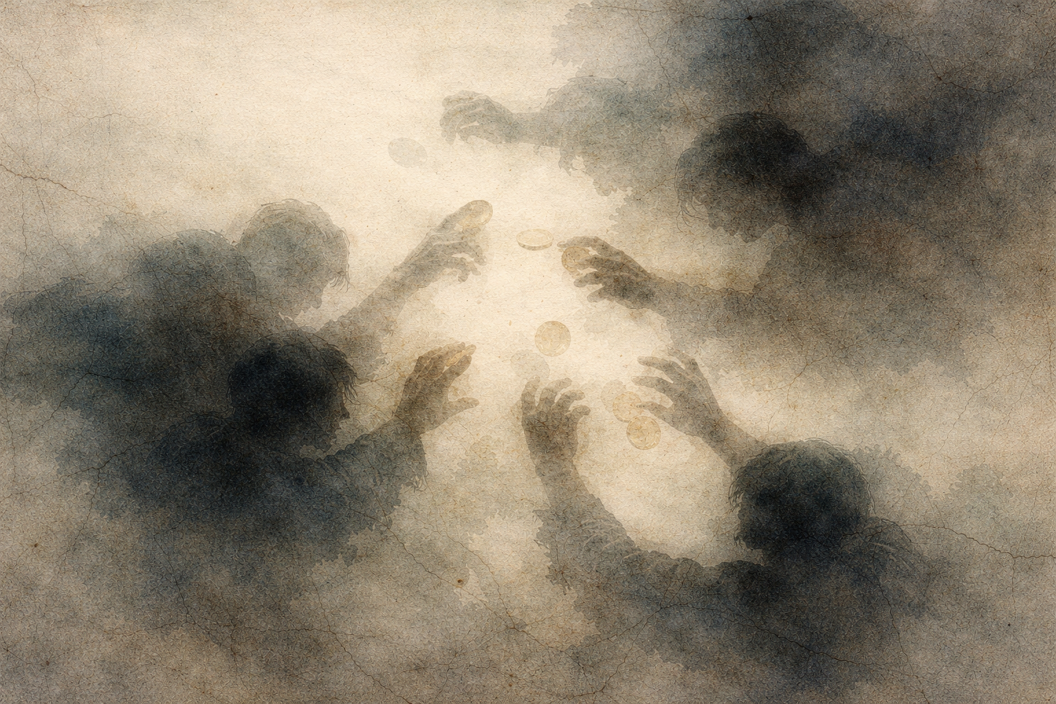 A symbolic watercolor scene of shadowy figures reaching toward falling coins in a misty void, representing differing interpretations of karma in Buddhism and Hinduism—action, consequence, and moral causation viewed through distinct spiritual frameworks.