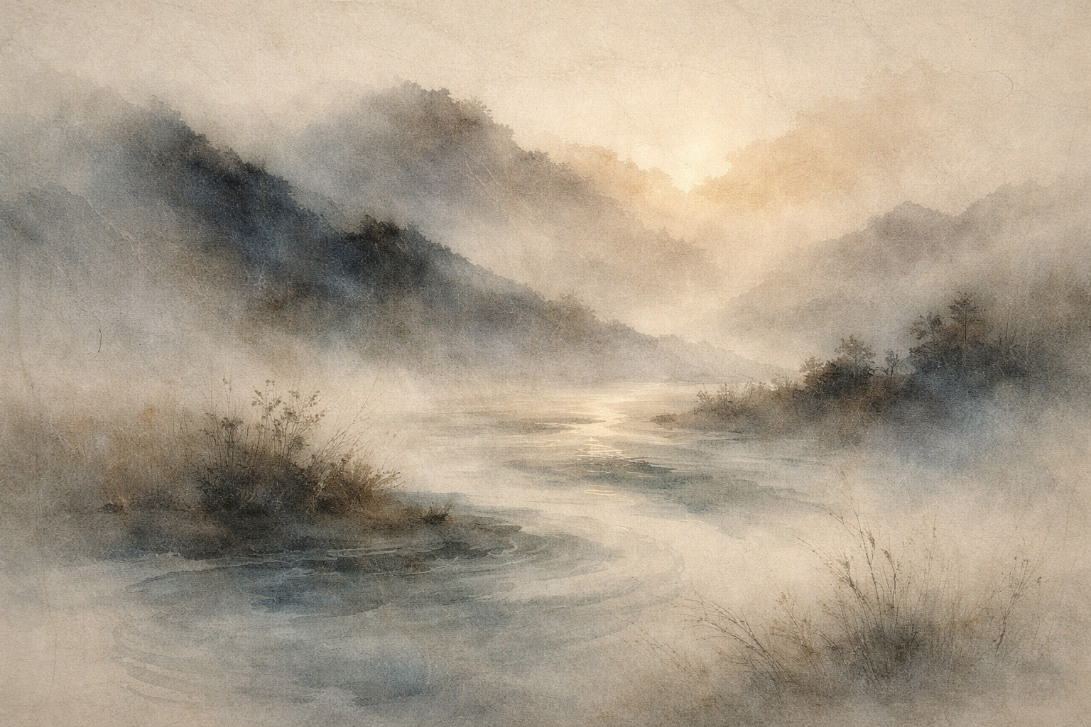 A serene watercolor landscape of a winding river flowing through mist-covered mountains at dawn, symbolizing the contrast between karma as a path shaped by actions and fate as a seemingly fixed destination.