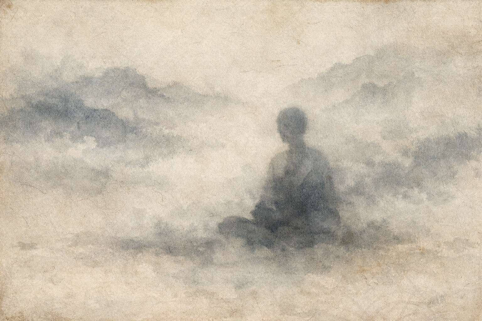 A solitary monk meditating in a misty desert landscape, symbolizing Khotan’s role in the spread of Buddhism along the Silk Road through Central Asia.