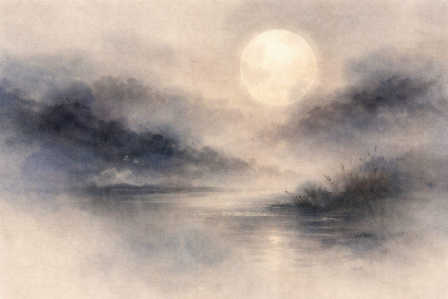A calm moon rising over misty hills and water, symbolizing King Menander, the Greek ruler remembered for embracing Buddhist philosophy.