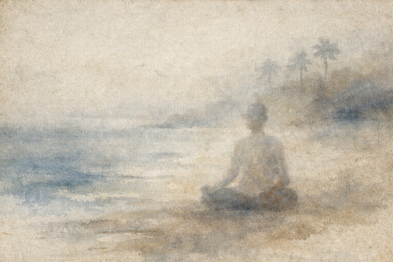 A watercolor-style scene of a solitary figure meditating on a quiet beach with gentle waves and distant palm trees, symbolizing deep contemplation and the sudden insight associated with Linji (Rinzai) Zen and the use of koans.