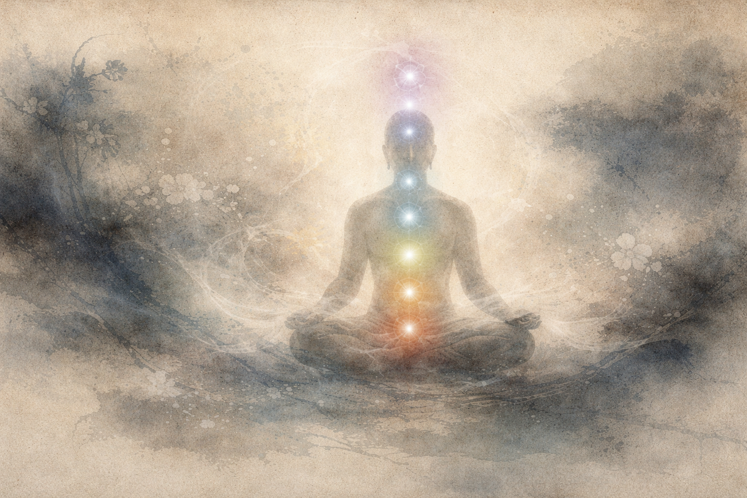 A meditating figure surrounded by soft mist with glowing lotus-like energy centers along the body, symbolizing the lotus flower’s meaning of spiritual purity and awakening in Buddhism.