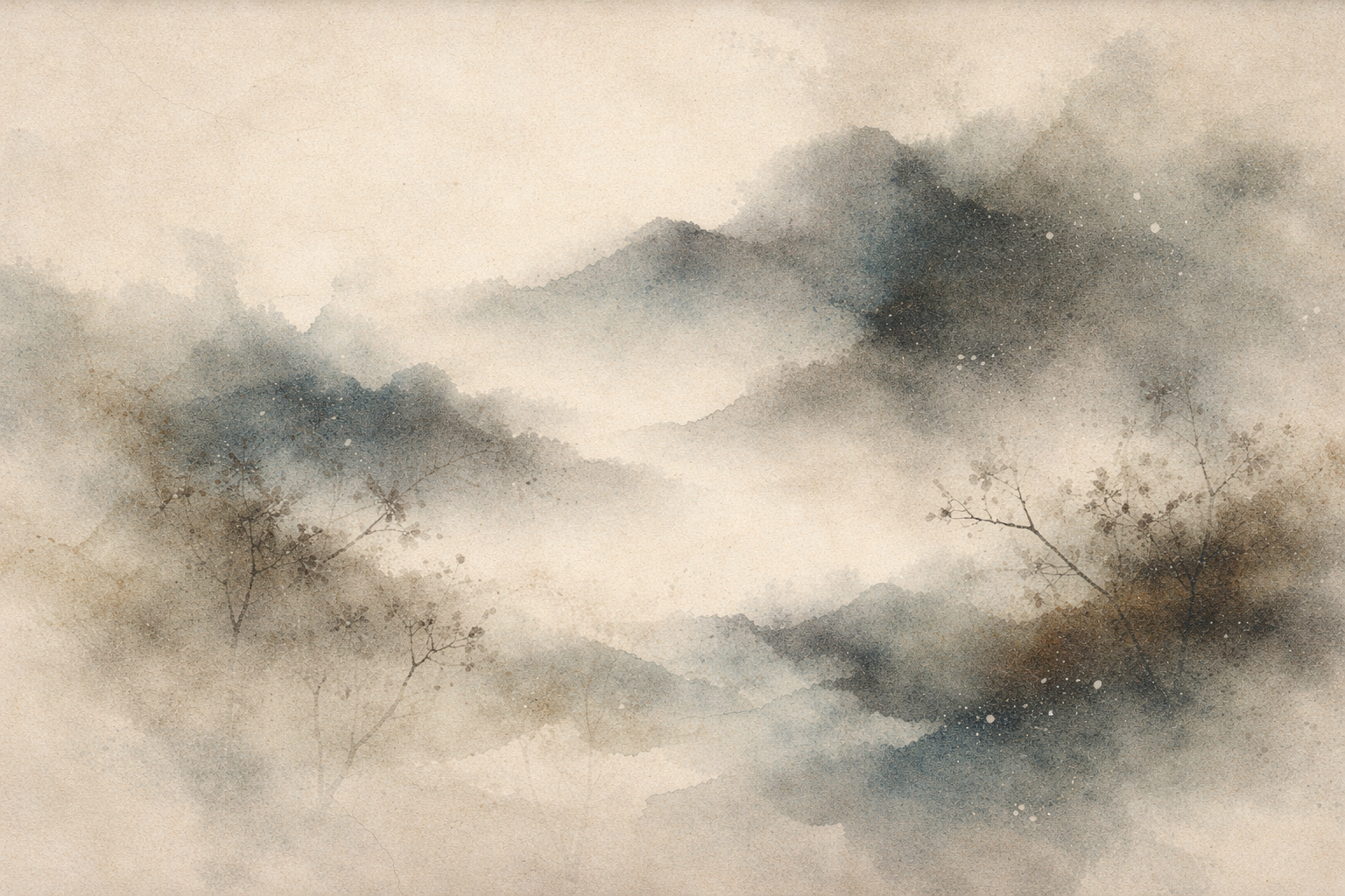 A serene misty landscape of mountains and water, symbolizing the peaceful transmission of Buddhism to Sri Lanka through Mahinda and Sanghamitta.