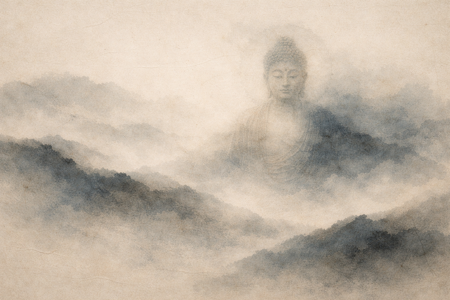 霧に包まれた山々と雲の中から穏やかな仏の姿が浮かび上がる水彩風のイメージ。仏教における未来仏・弥勒菩薩（マイトレーヤ）が象徴する希望と未来の覚醒を表している。