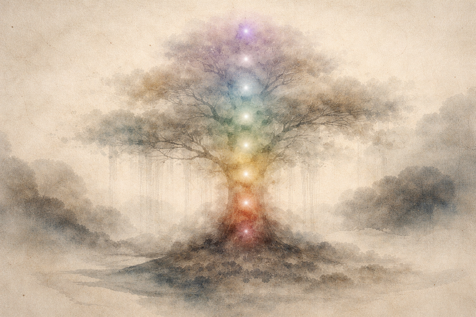 A watercolor-style image of a large tree with glowing colored lights aligned vertically along its trunk, representing spiritual awakening and insight, symbolizing the wisdom associated with Manjushri, the bodhisattva of wisdom in Buddhism.