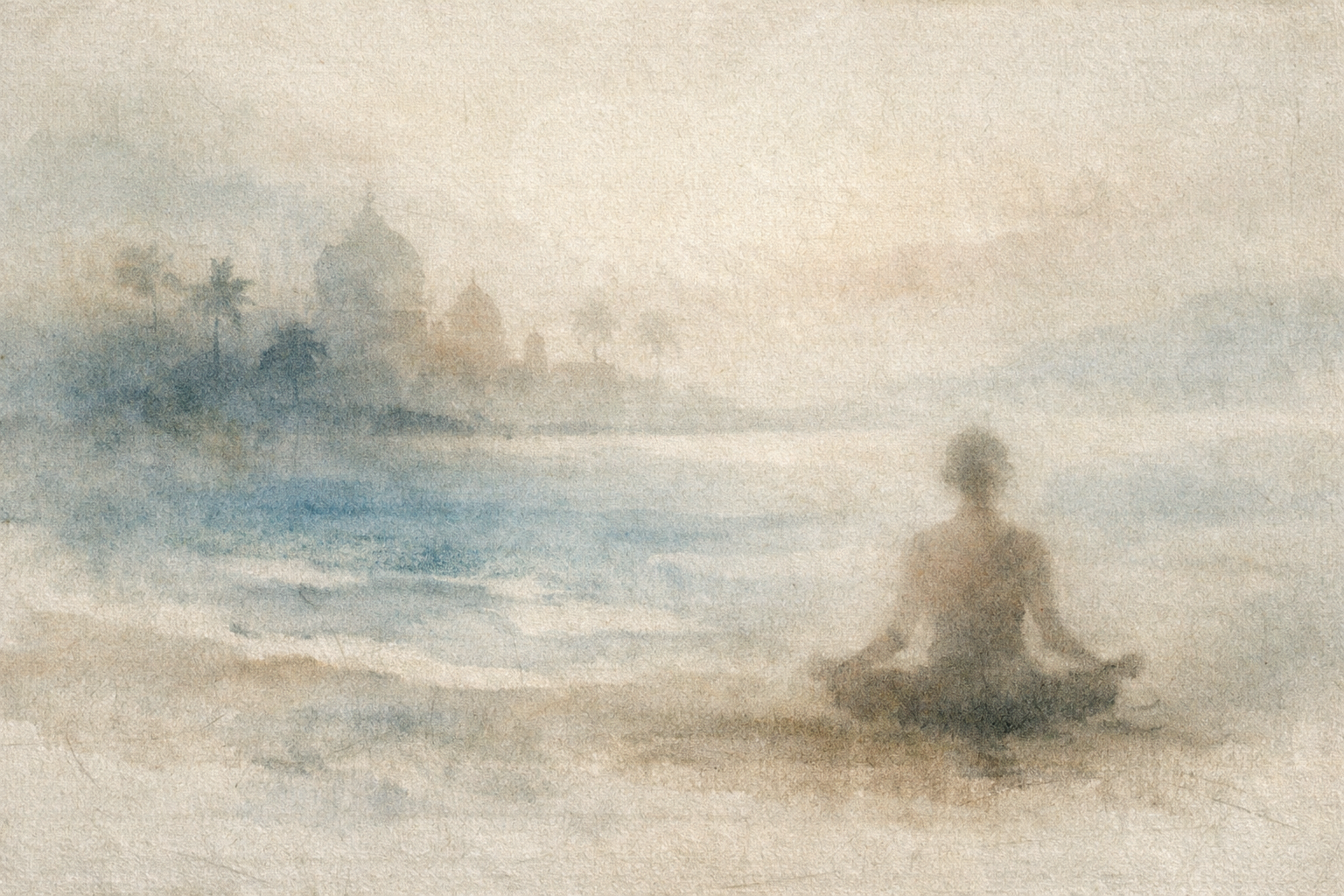 A watercolor-style scene of a solitary figure meditating by a calm shoreline with distant temples and palm trees softened by mist, symbolizing spiritual devotion and the contemplative legacy of Milarepa, one of Tibet’s most beloved Buddhist saints.