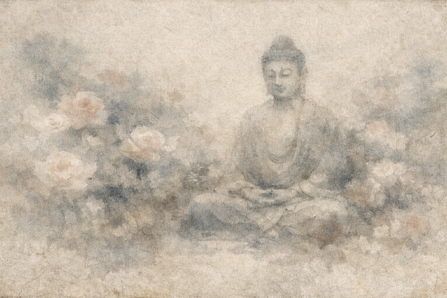 蓮の花に囲まれて静かに坐禅する仏陀を描いた柔らかな水彩画。智慧や慈悲、洞察を照らし出す必読の仏教ノンフィクション作品を象徴している。