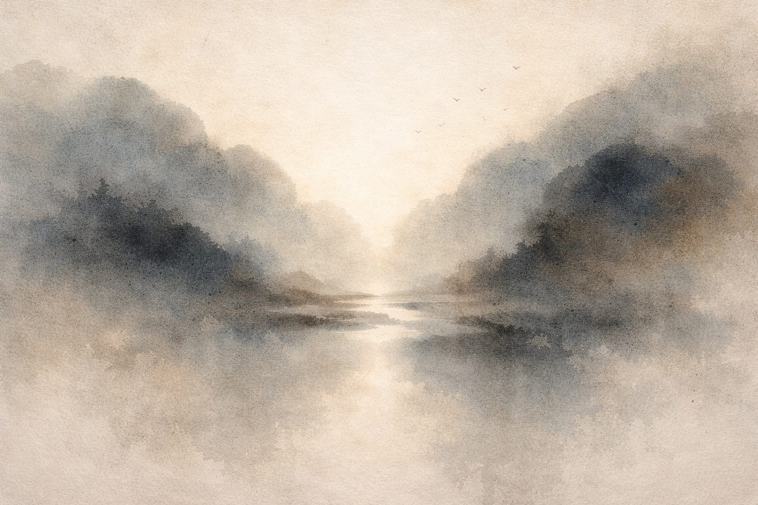 Misty mountains reflected in still water at dawn, symbolizing Nagarjuna and the rise of Madhyamaka philosophy, which teaches the Middle Way and the profound insight of emptiness in Mahayana Buddhism.