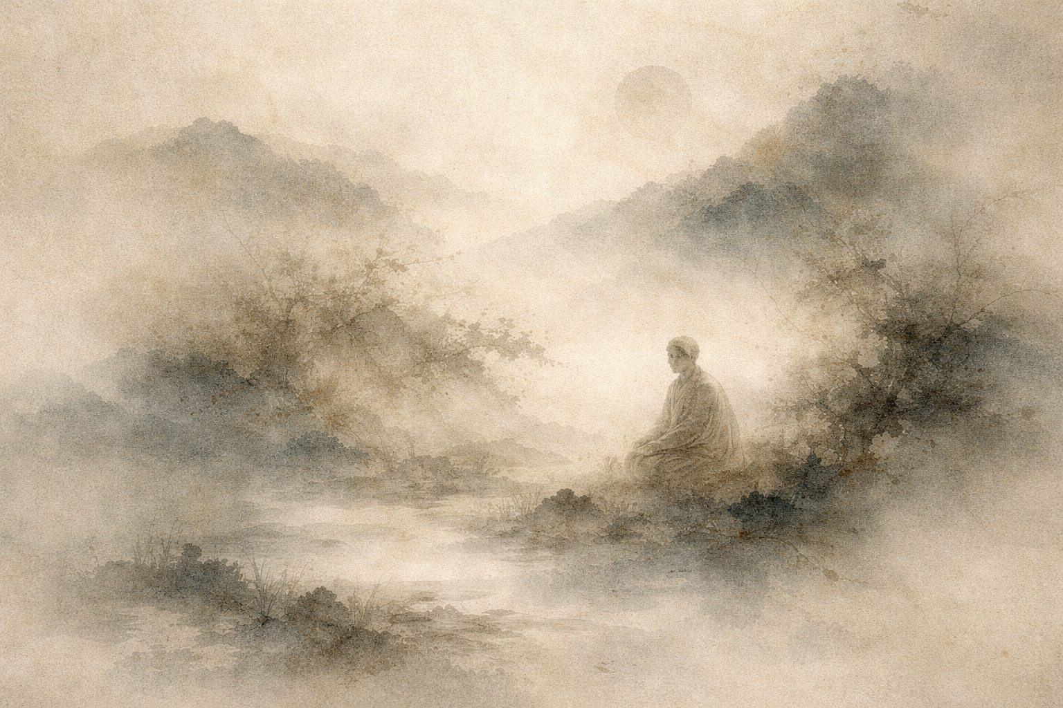 A watercolor-style scene of a solitary Buddhist monk sitting in meditation beside a quiet river in a misty mountain landscape, evoking contemplation and the deep philosophical insight associated with Nāgārjuna.