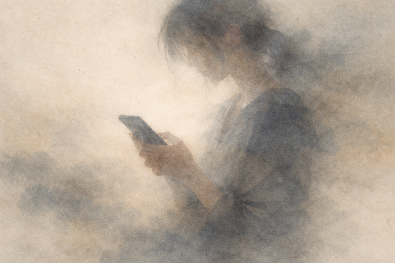 スマートフォンを見つめる若い女性を描いた柔らかな水彩画。仏教に初めて触れ、どこから始めればよいかを探している様子を象徴している。