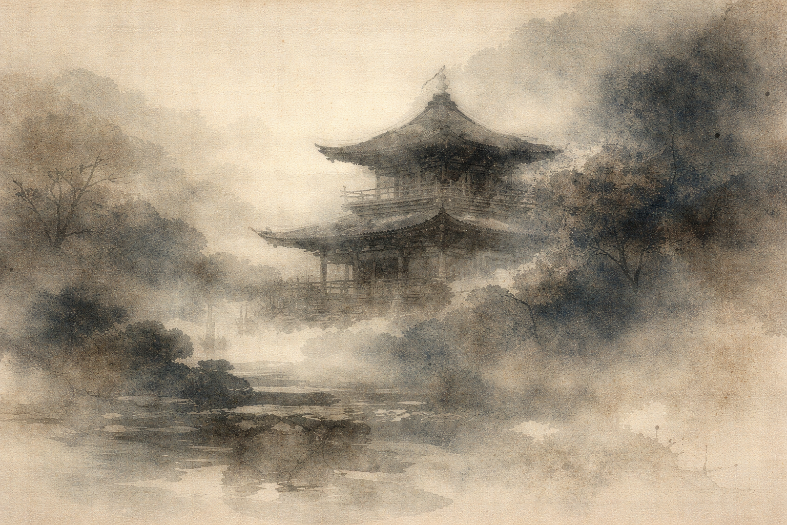 A misty watercolor illustration of a traditional Buddhist temple surrounded by trees and reflected in still water, symbolizing non-attachment and desire in Buddhism as quiet awareness that observes longing without clinging.