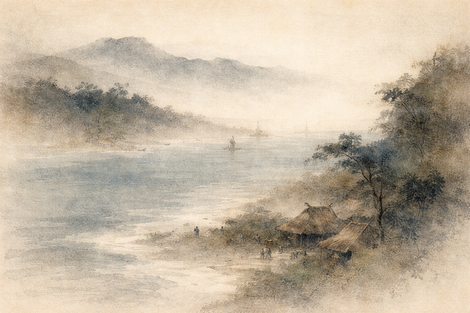 静かな川辺の村と小さな家々、遠くに浮かぶ舟を描いた穏やかな水彩風景。変化を受け入れ、物事の自然な流れに委ねる「無執着」と「手放すこと」を象徴している。