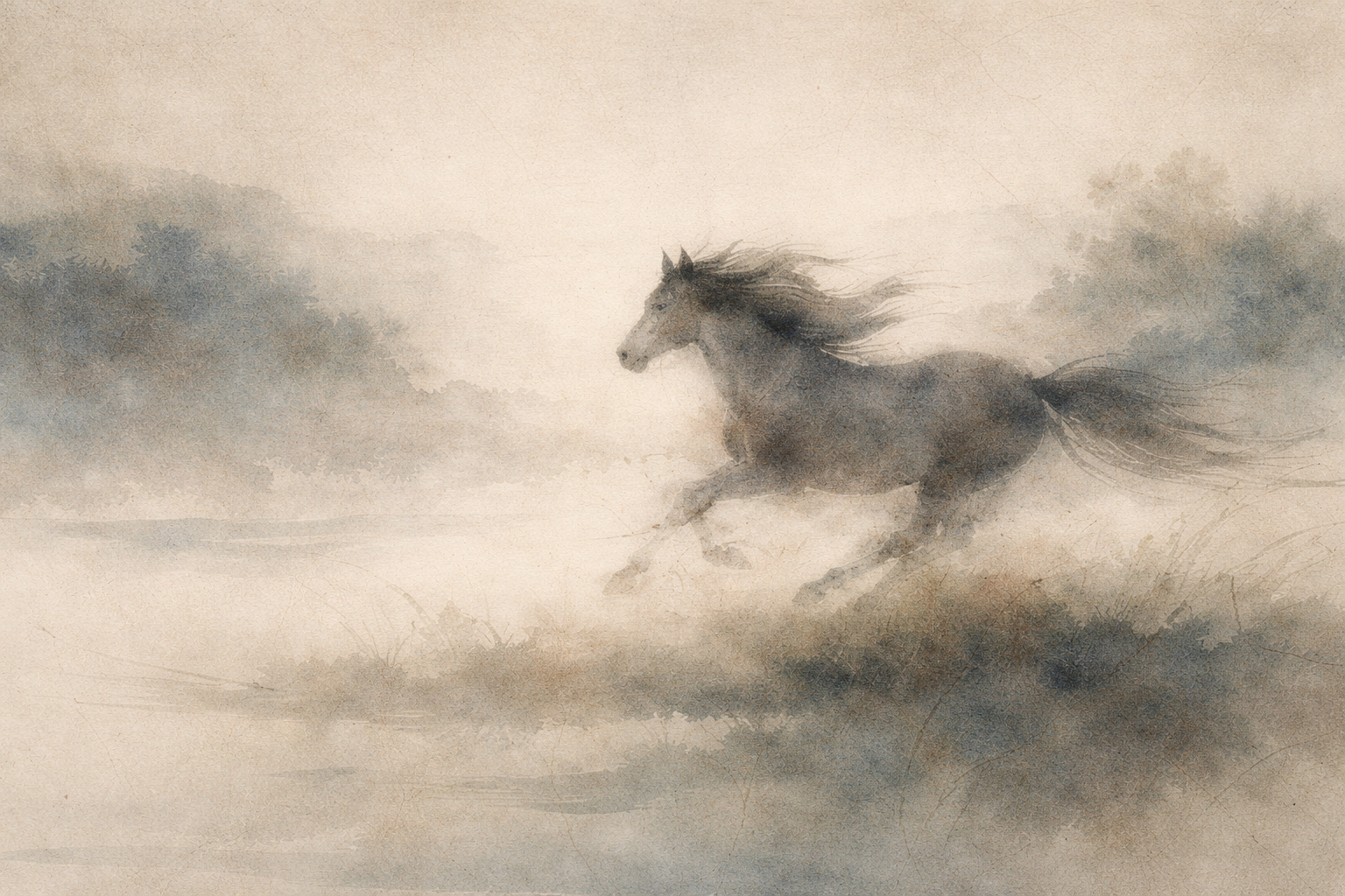 A soft watercolor illustration of a horse running freely through misty open land, symbolizing non-attachment vs apathy as engaged vitality and inner freedom without emotional numbness.