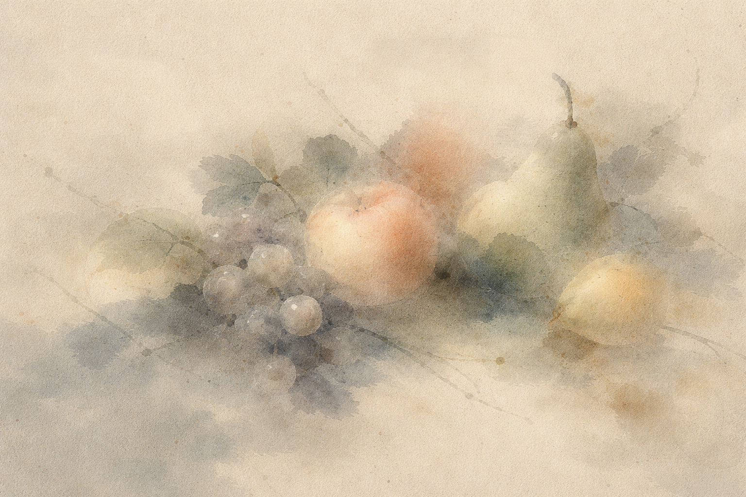 A soft watercolor still life of fruit—an apple, pear, grapes, and lemon resting among muted leaves—symbolizing non-attachment vs detachment as gentle presence with life’s experiences without clinging or emotional withdrawal.