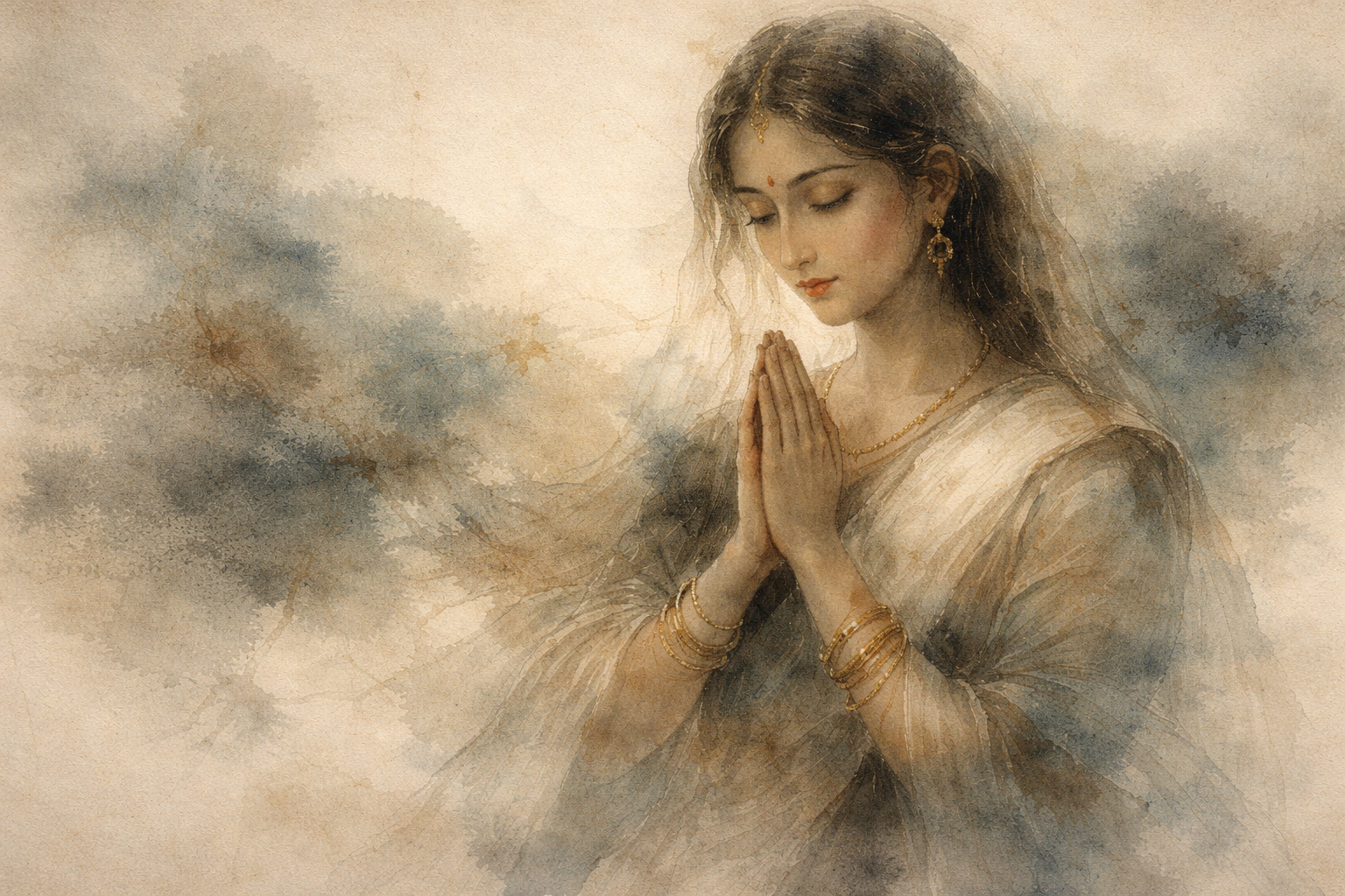 Soft watercolor portrait of a serene woman with eyes closed and hands pressed together in a prayerful gesture, dressed in flowing traditional attire and gold jewelry, symbolizing alternative meditation practices such as loving-kindness, mantra, and devotional contemplation.