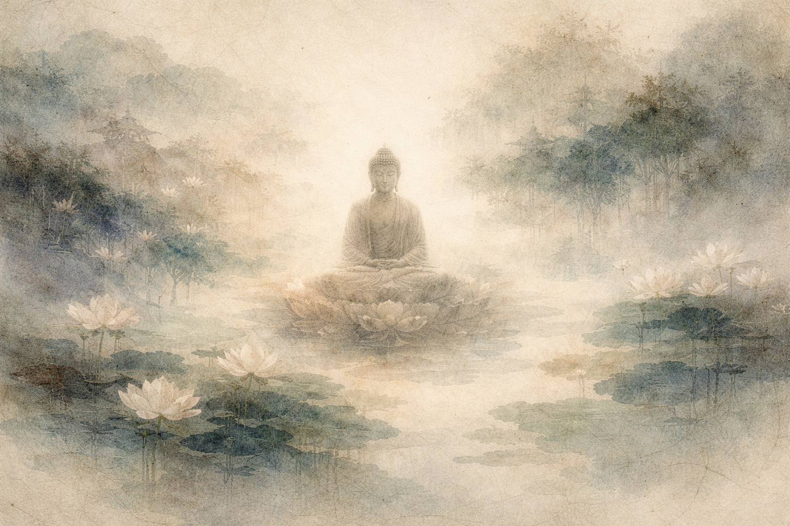 A serene watercolor scene of a Buddha figure seated in meditation on a lotus flower surrounded by a misty lotus pond and distant temples, symbolizing spiritual awakening and the legendary presence of Padmasambhava (Guru Rinpoche) in the origins of Tibetan Buddhism.