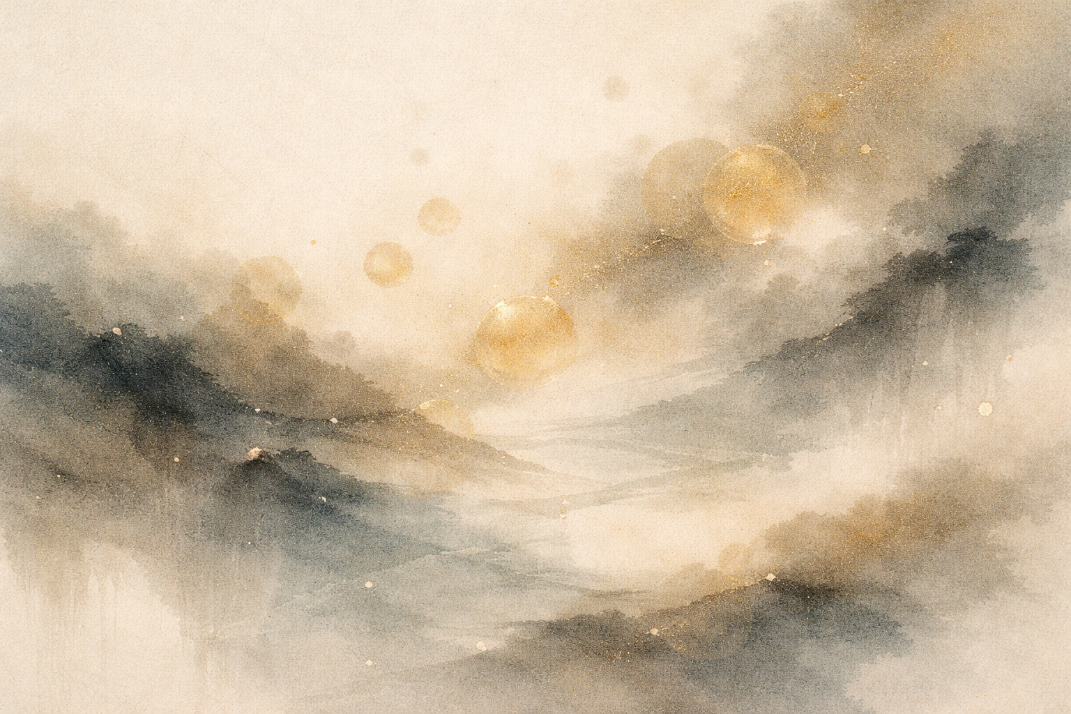 Golden spheres floating above misty mountains in a serene landscape, symbolizing the profound wisdom of the Prajnaparamita Sutras and the Buddhist teaching of emptiness (śūnyatā).