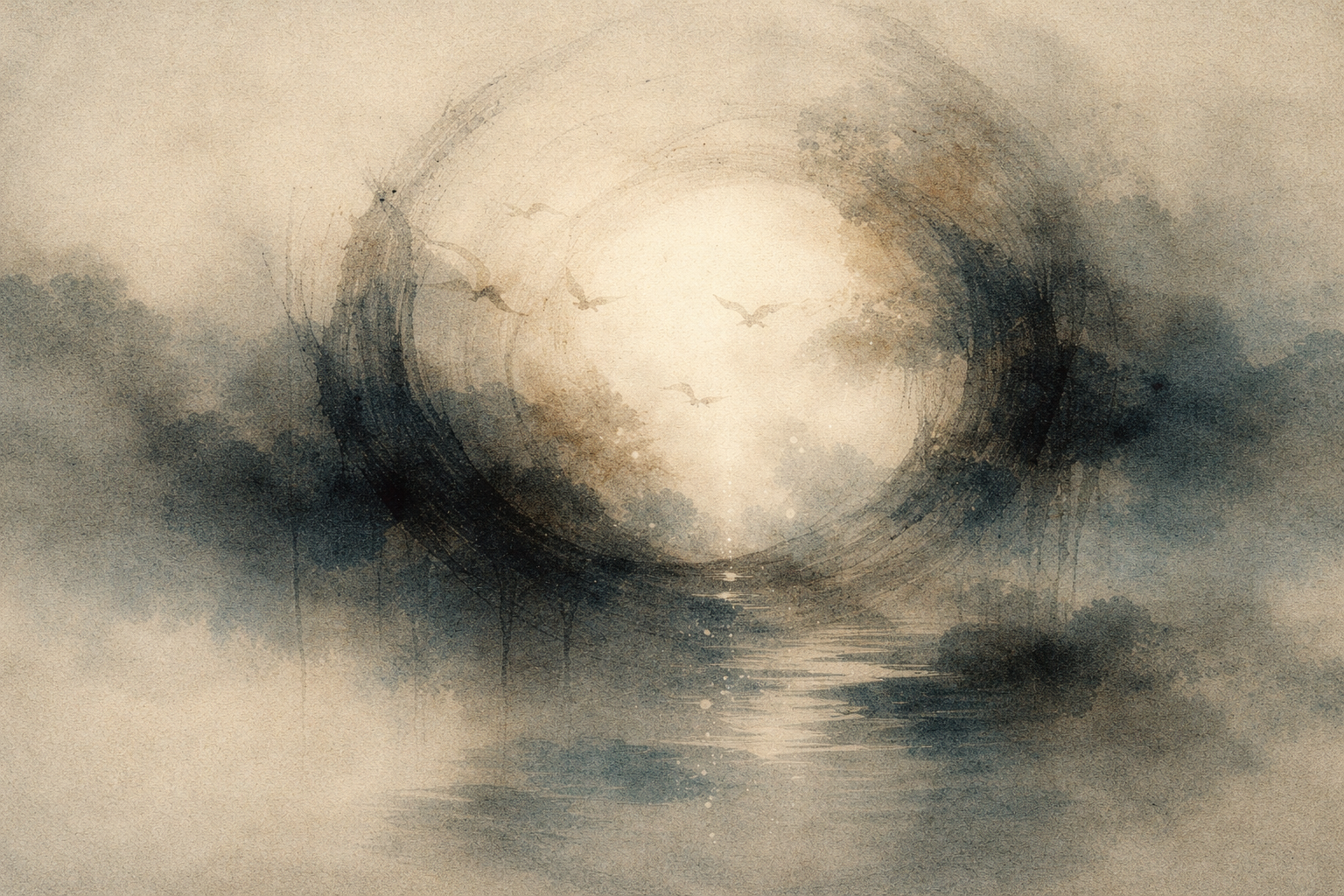 A muted watercolor scene of a dark circular brushstroke forming an opening in misty clouds above a reflective river, with small birds flying toward the light at the center, symbolizing anxiety about rebirth gradually opening into clarity and understanding.