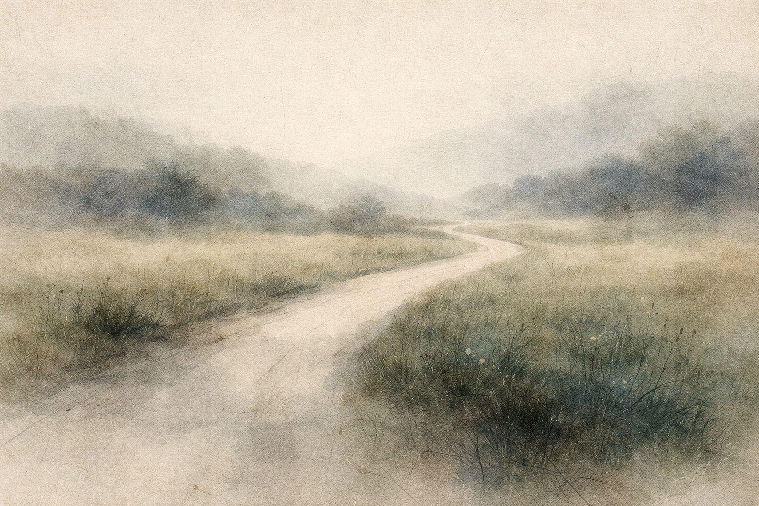 霧に包まれた草原と遠くの丘へ続く静かな曲がり道。シャーンティデーヴァが説いた菩薩の道における、慈悲と智慧へ向かうゆるやかな精神の旅を象徴している。