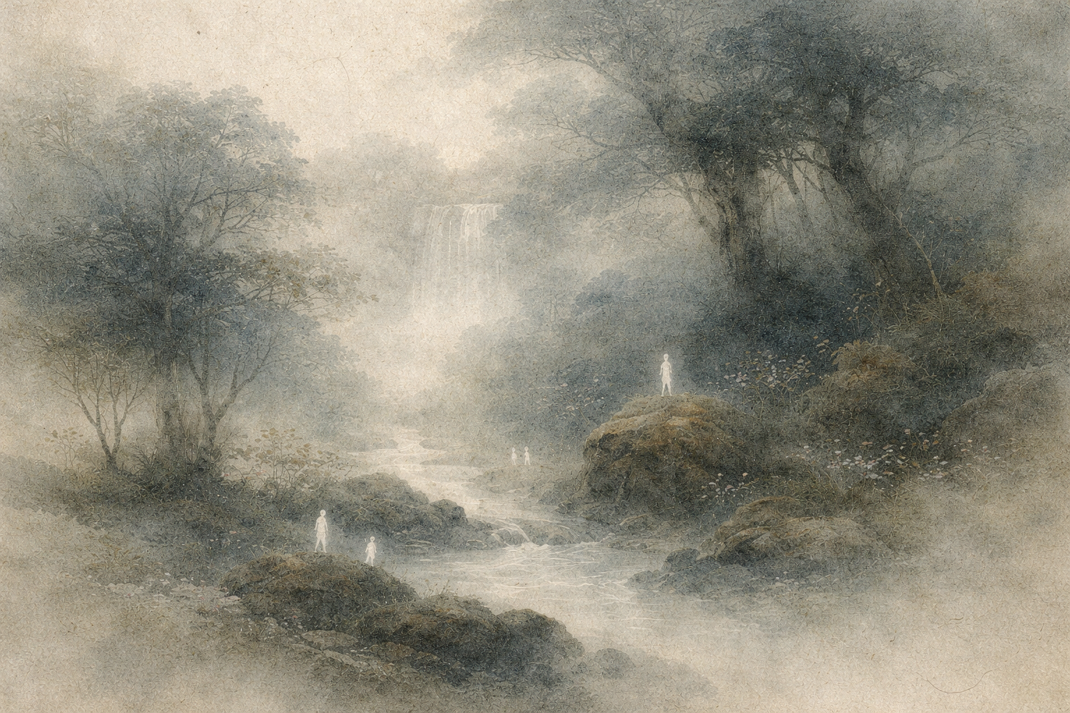 Small luminous figures standing apart in a misty forest landscape with a flowing stream, symbolizing the early division between the Sthavira and Mahasamghika schools in early Buddhism.