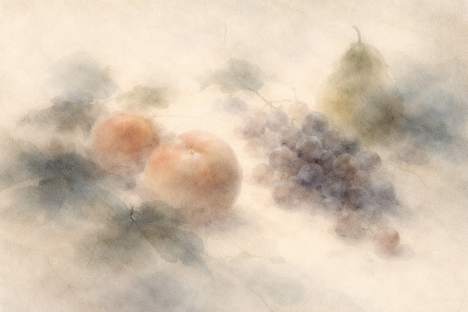 霧の中に溶け込む桃や葡萄、梨を描いた繊細な水彩の静物画。心地よい体験への執着や渇望が不満足や苦を生むという、仏教における「苦」と「執着」の関係を象徴している。