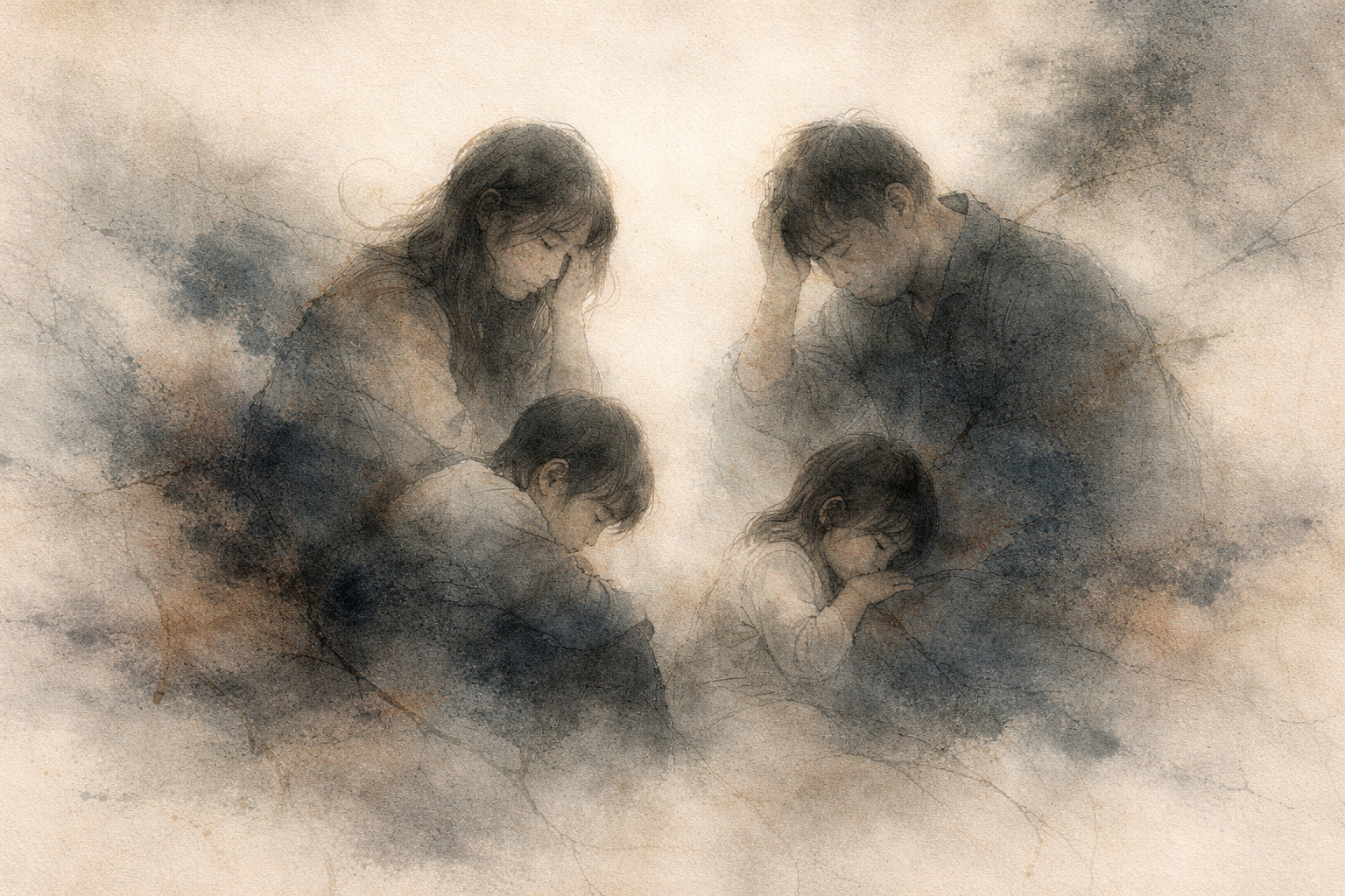 A soft watercolor illustration of a family sitting together in distress, symbolizing the distinction between physical pain and emotional suffering in Buddhism—pain as inevitable sensation and suffering as the mental resistance that deepens it.