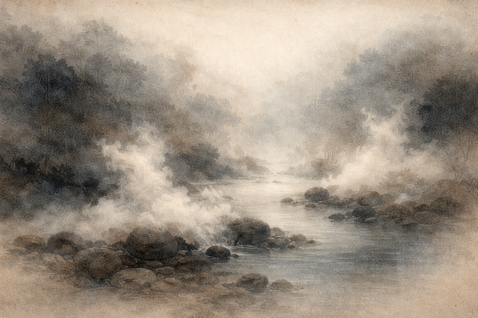 A tranquil watercolor-style landscape of a misty river flowing through rocks and trees, symbolizing contemplation, compassion, and the global spiritual influence associated with the teachings of the 14th Dalai Lama.