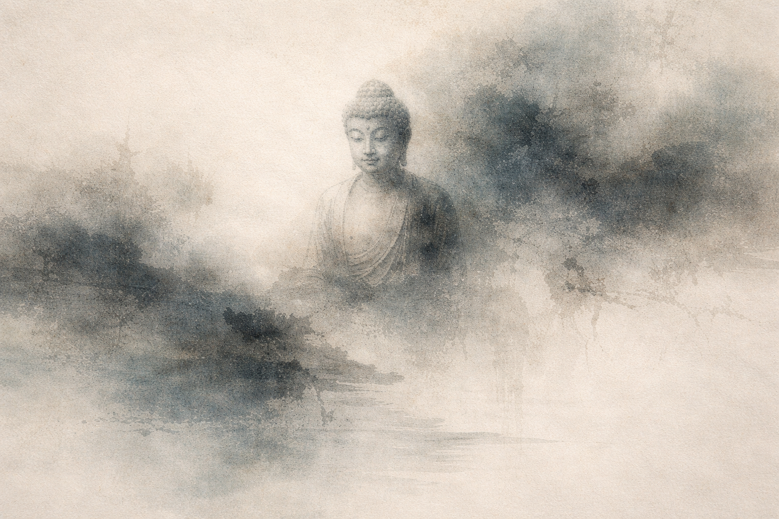 霧と影の中から静かに浮かび上がる仏陀を描いた穏やかな水彩画。仏教の無我（アナッター）の概念と、永続的で独立した自己という幻想が溶けていくことを象徴している。