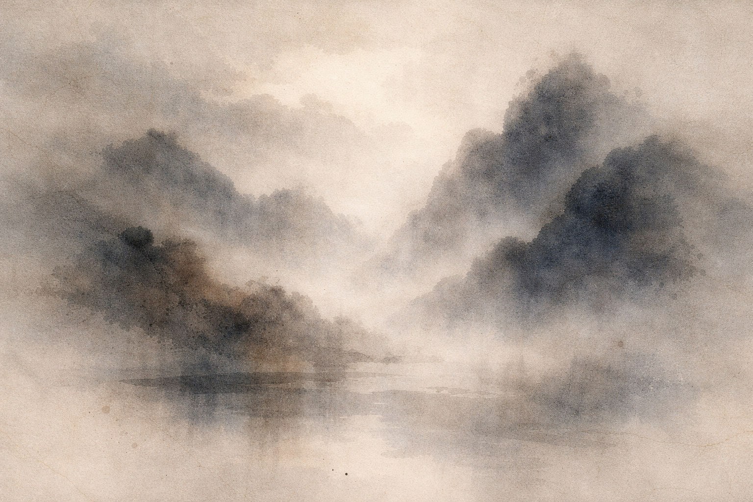 Misty mountains reflected in calm water, symbolizing the Edicts of Ashoka and the enduring moral message that helped shape the spread of Buddhism.