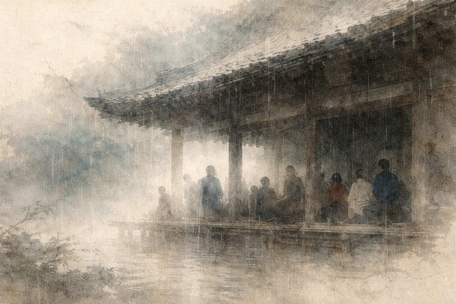 Monks gathered in a temple hall during rain, symbolizing the First Buddhist Council where the Buddha’s teachings were recited and preserved after his passing.