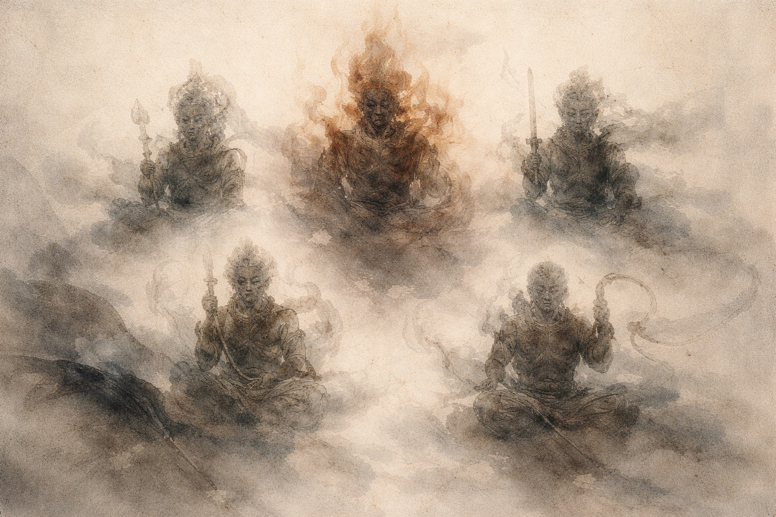 Watercolor illustration of five fierce, statue-like guardian figures emerging from mist, each holding different symbolic objects, representing the Five Aggregates (skandhas) that together create the illusion of a solid self.