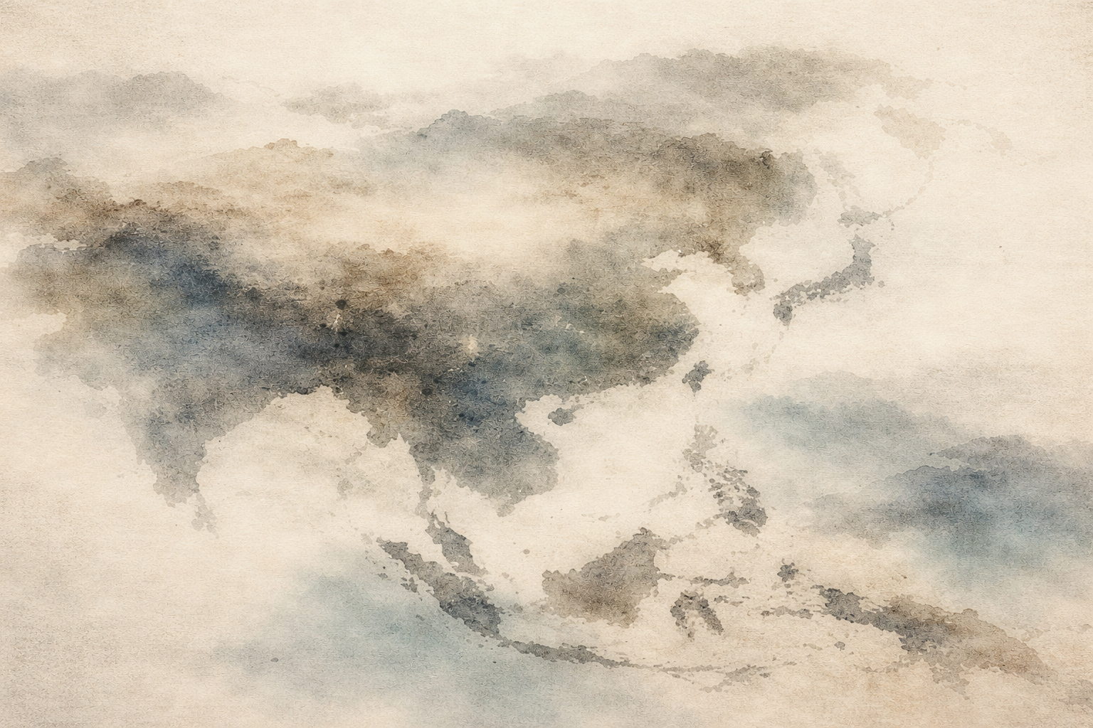 A misty watercolor map of Asia, symbolizing the Kushan Empire and the rise of Buddhism as it spread across Central Asia and along early Silk Road routes.