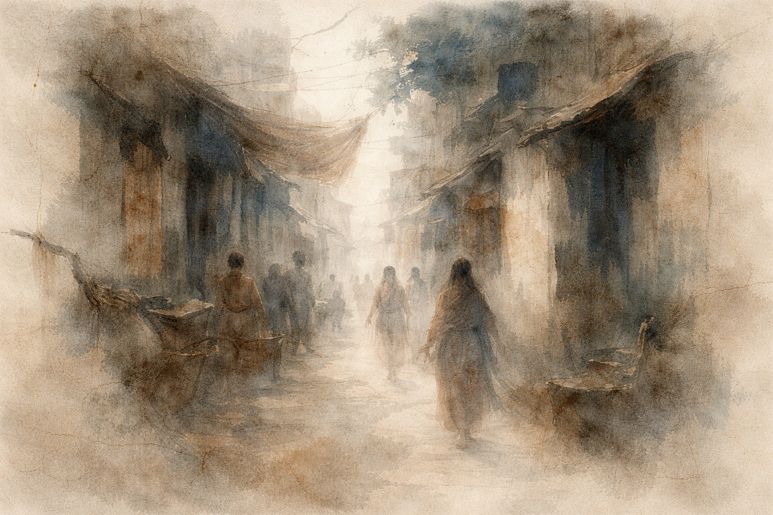 Ancient Indian street scene with people walking between simple buildings, representing the Mahajanapadas and the political and social world during the time of the Buddha.