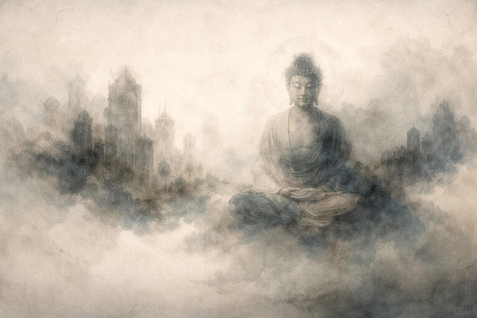 Soft watercolor illustration of a seated Buddha figure emerging from mist beside a faint modern city skyline, symbolizing the main types of Buddhist meditation—calm concentration, insight, and loving-kindness—practiced within the realities of everyday life.