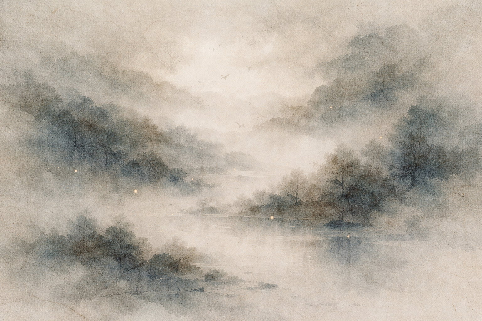 Soft watercolor landscape of mist-covered mountains and a quiet lake, symbolizing the major schools of Buddhism emerging from a shared foundation yet unfolding in diverse forms.