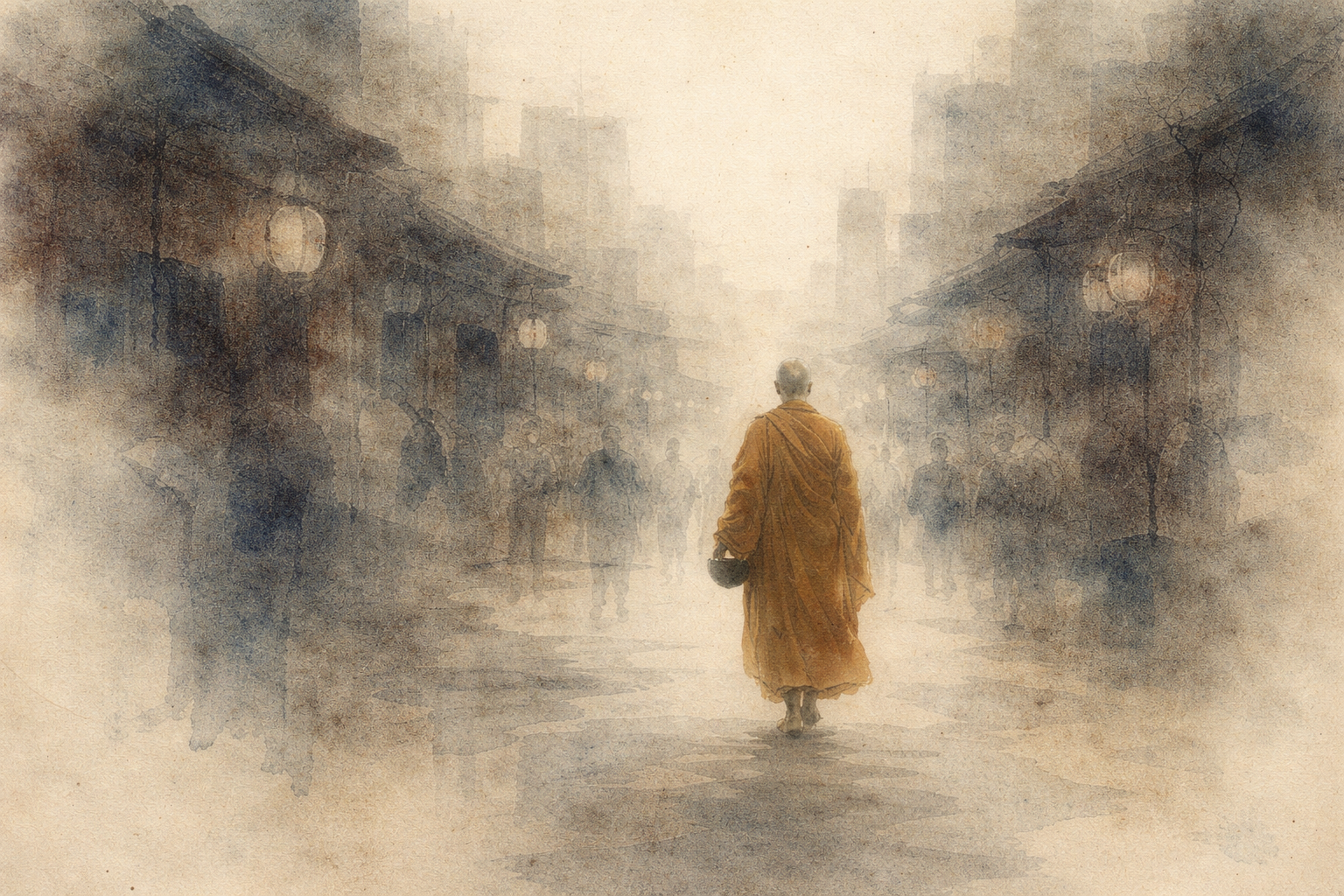 Watercolor-style illustration of a Buddhist monk in saffron robes walking calmly through a misty, crowded street, symbolizing the “Second Arrow” teaching—how suffering arises not only from painful events but from the additional mental reactions we add to them.