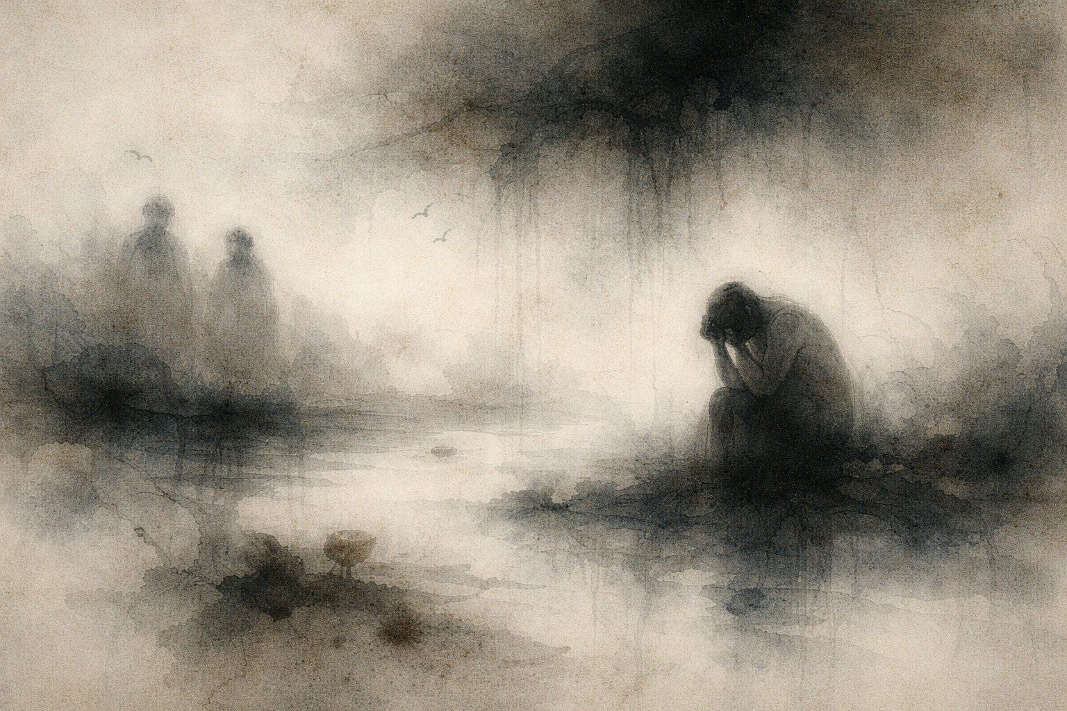 A somber watercolor scene of a solitary figure sitting in distress by a misty lake, with distant silhouettes in the background, symbolizing the three types of suffering in Buddhism: ordinary pain, the suffering of change, and pervasive conditioned suffering.
