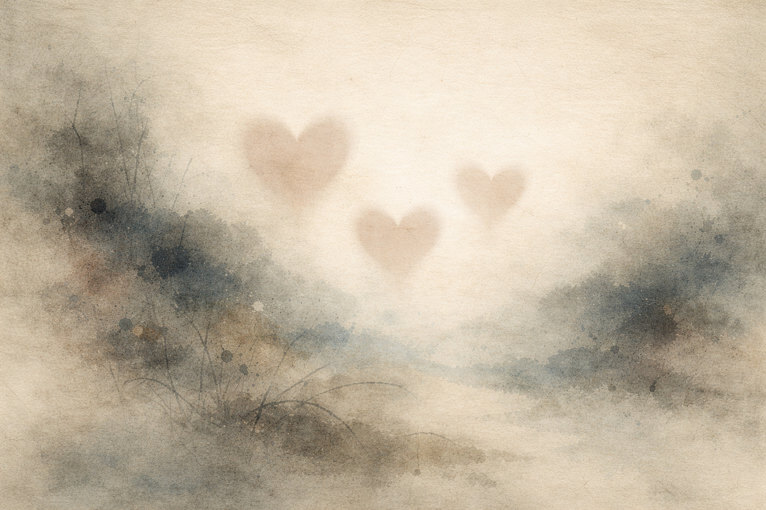 Soft misty landscape with three subtle heart shapes in the sky, symbolizing compassion and the enduring tradition of Theravada Buddhism in Sri Lanka.