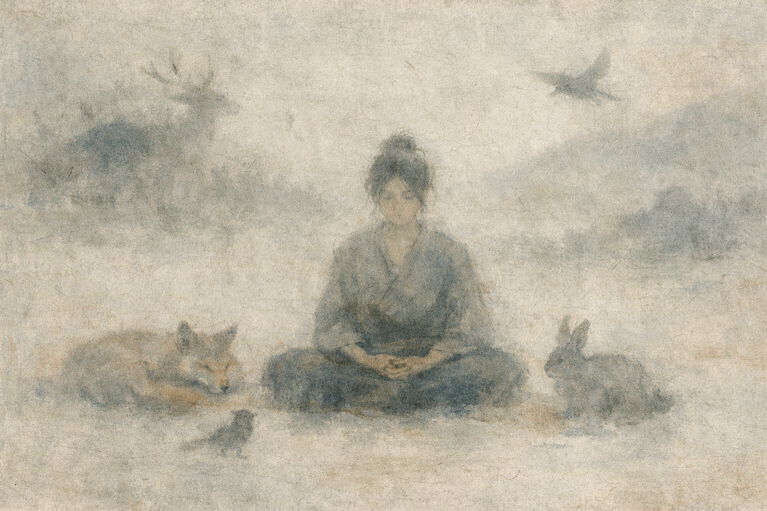 霧に包まれた静かな風景の中で、一人の人物が瞑想し、その周りにキツネ、ウサギ、小鳥などの動物が穏やかに寄り添う水彩風のイメージ。すべての生命への思いやりとマインドフルネス、そして Thich Nhat Hanh によって広められたエンゲージド・ブディズムの精神を象徴している。