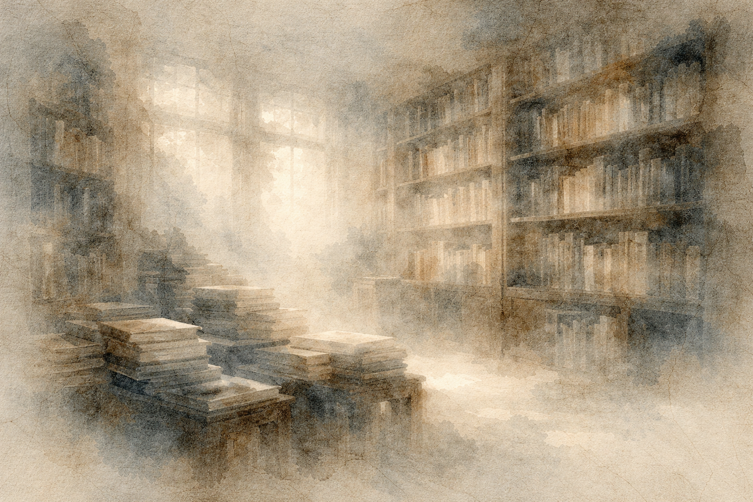 Soft watercolor illustration of a warm, sunlit library with shelves and stacks of books, symbolizing accessible and beginner-friendly books that introduce the foundations of Buddhism.