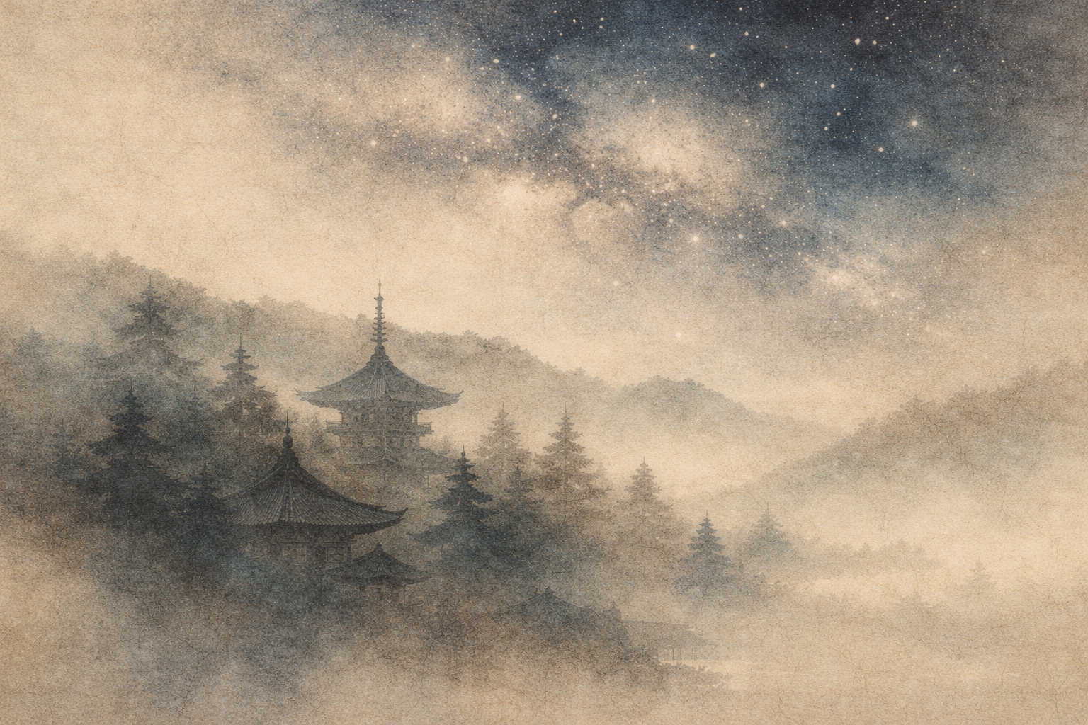 Soft watercolor illustration of a traditional Buddhist temple complex nestled among misty forested hills under a star-filled night sky, symbolizing beginner-friendly Dharma talks from Theravada, Zen, and Tibetan traditions guiding seekers through wisdom and contemplation.