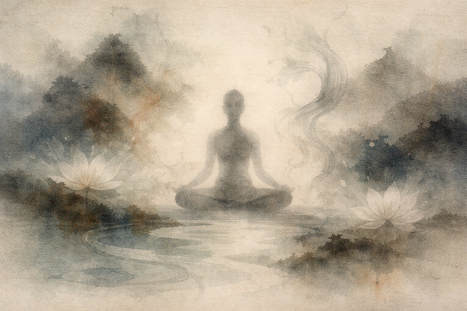 蓮の花や霧に包まれた山々、静かな水の流れに囲まれて瞑想する人物を描いた水彩風の風景。チベット仏教ゲルク派の創始者ツォンカパの智慧と、厳格な修行と哲学的明晰さを象徴している。