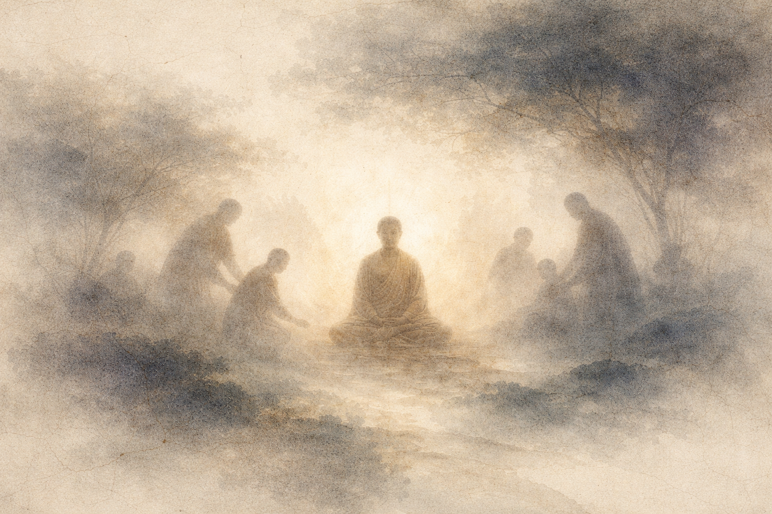 霧に包まれた風景の中央で瞑想する仏陀と、その周りで敬意を示す僧たち。仏教のさまざまな仏像の姿とその意味を象徴している。