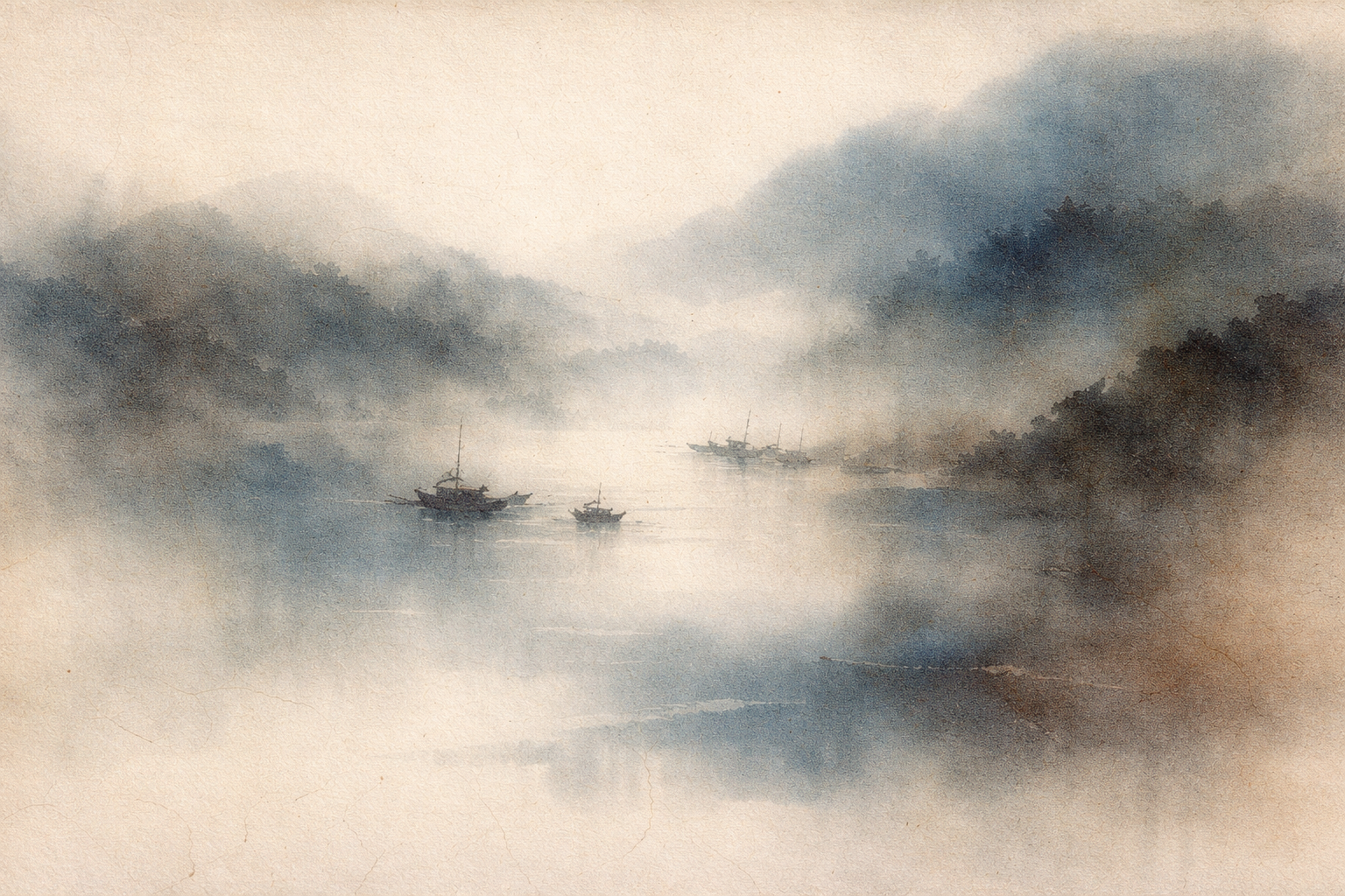 霧に包まれた山々と静かな水面、そこに小さな舟が浮かぶ水彩風の風景。ヴァスバンドゥと唯識（ヨーガーチャーラ）思想の静かな思索と深い哲学性を象徴している。