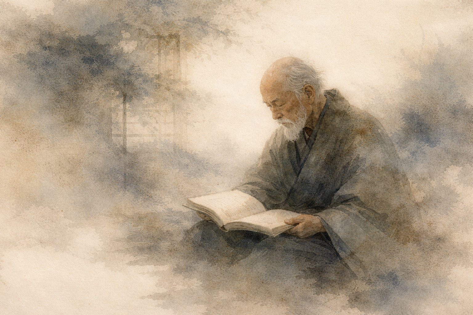 Soft watercolor illustration of an elderly monk reading a book in a quiet natural setting, symbolizing reflection on whether the Buddha was a god or a human teacher.