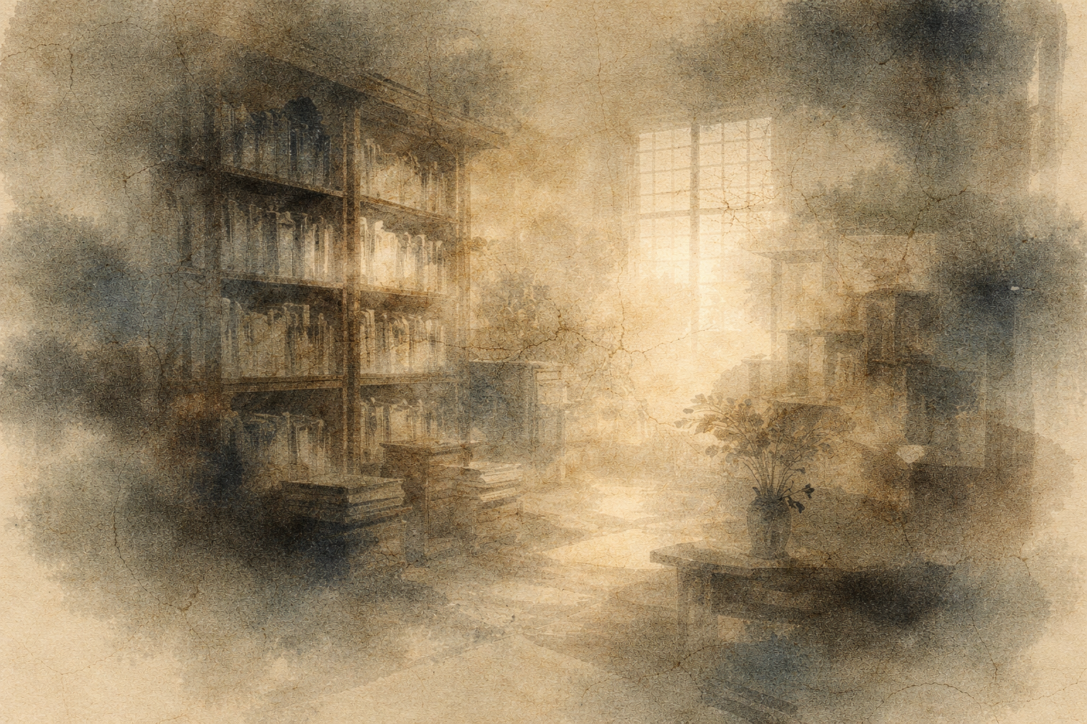 Soft watercolor illustration of a quiet library room filled with shelves of books and warm light streaming through a window, symbolizing the vast collection of Buddhist scriptures preserved across different traditions.