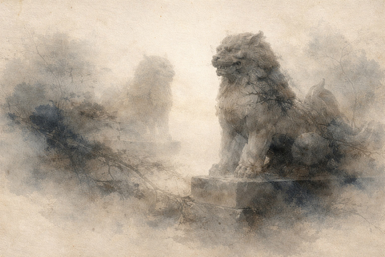 Soft watercolor illustration of stone guardian lion statues standing in mist, symbolizing the main branches of Buddhism and their distinct yet protective traditions.