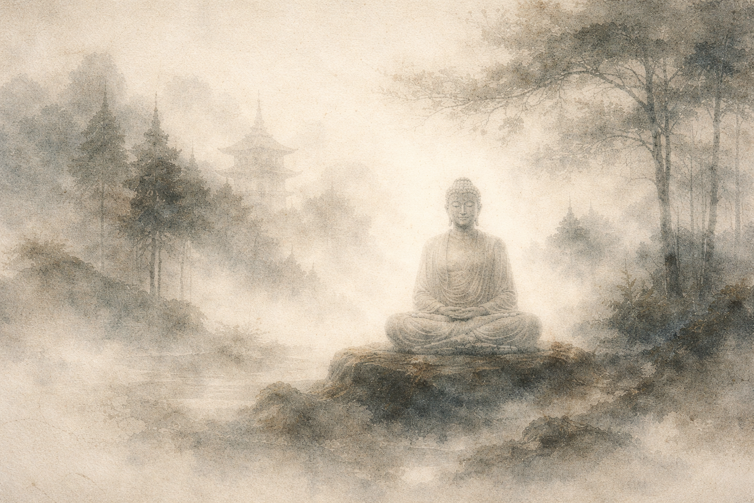 A tranquil watercolor image of the Buddha meditating on a stone platform in a misty forest, with faint pagodas in the background, symbolizing the core beliefs of Buddhism such as mindfulness, compassion, impermanence, and the path to awakening.