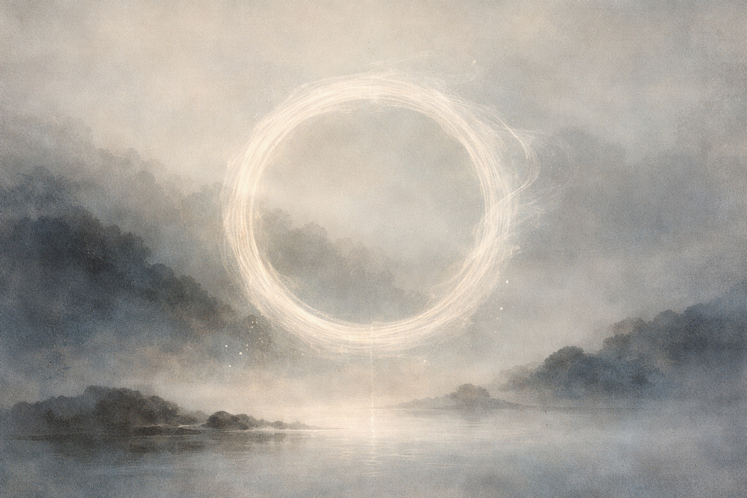 Soft watercolor landscape of misty mountains and still water beneath a glowing circular ring of light in the sky, symbolizing mindfulness as clear, open awareness—steady, centered presence within the changing flow of experience.